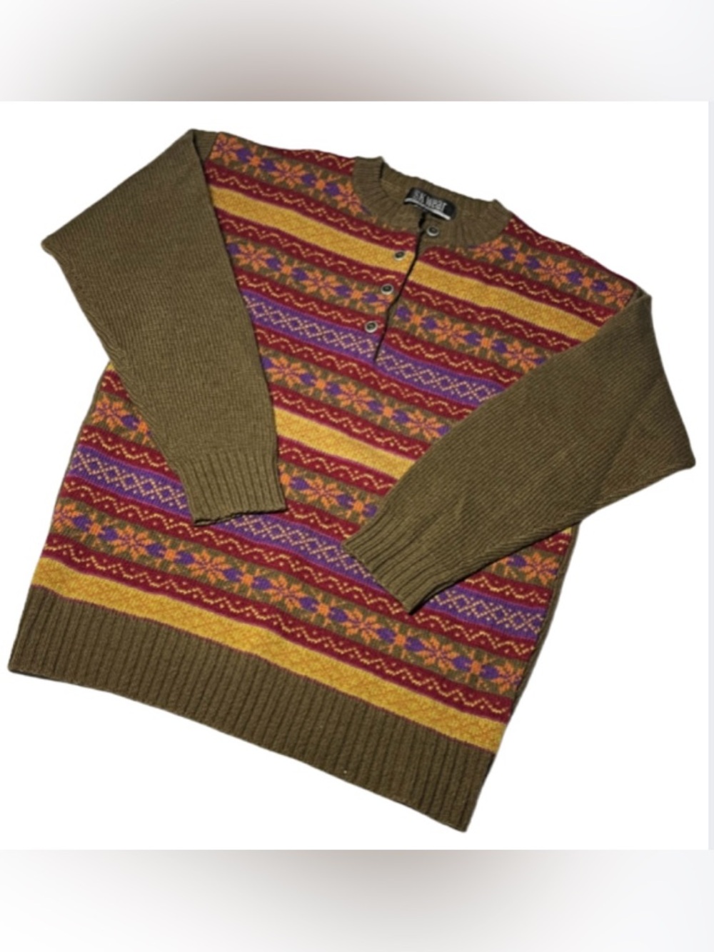 Vintage SK Wear Small Shetland Wool Sweater Fair Isle Knit Henley Multicolor Red